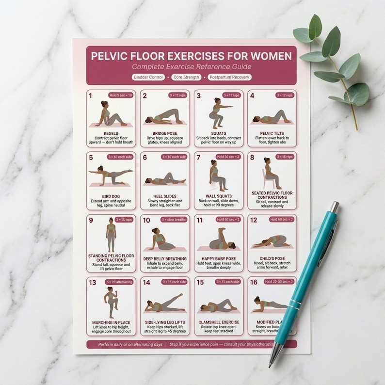 May include: A white printed exercise guide titled "Pelvic Floor Exercises for Women" with illustrations and instructions. A teal pen rests on the guide. The guide includes exercises for bladder control, core strength, and postpartum recovery.
