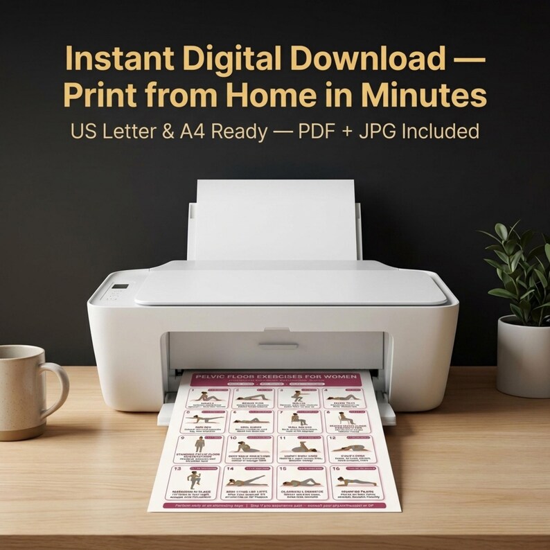 May include: A white printer is printing a document with pelvic floor exercises for women. The document is in US Letter and A4 sizes, and is a PDF and JPG. The text on the document is in black and white.