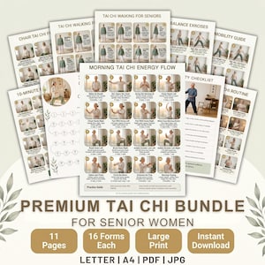 Peut inclure: Ensemble de guides imprimés pour les exercices de Tai Chi, comprenant "Tai Chi Walking for Seniors" et "Morning Tai Chi Energy Flow". Les guides présentent des illustrations de mouvements et sont intitulés "Premium Tai Chi Bundle for Senior Women".