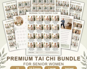 May include: A collection of printed guides for Tai Chi exercises, including "Tai Chi Walking for Seniors" and "Morning Tai Chi Energy Flow." The guides feature illustrations of movements and are labeled "Premium Tai Chi Bundle for Senior Women."