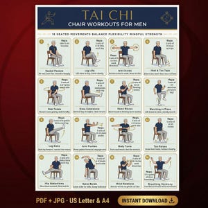 Ejercicios de Tai Chi en silla para hombres, tabla de ejercicios en silla imprimible en PDF, guía de ejercicios sentados, ejercicios suaves para personas mayores, descarga de póster de Tai Chi en JPG