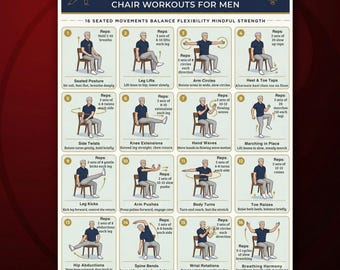 Tai Chi Chair Workouts for Men, Printable Chair Exercise Chart PDF, Seated Workout Guide, Gentle Senior Workout, Tai Chi Poster Download JPG
