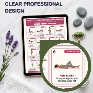 May include: A digital tablet displays a pelvic floor exercise guide for women. The guide includes illustrations and instructions for various exercises. The image also features a jade roller, gray stones, lavender, and a white towel.