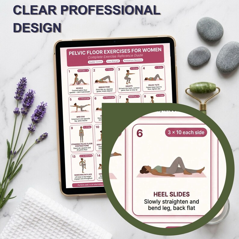 May include: A digital tablet displays a pelvic floor exercise guide for women. The guide includes illustrations and instructions for various exercises. The image also features a jade roller, gray stones, lavender, and a white towel.