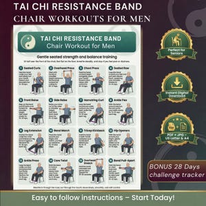 Esercizi di Tai Chi con elastici da seduti per uomini con sfida di 28 giorni, PDF di fitness da seduti per anziani, programma di esercizi di mobilità a casa per uomini