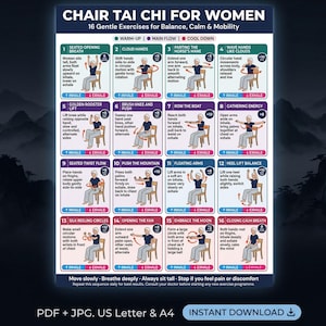 Puede incluir: Un póster titulado "Chair Tai Chi para mujeres" con 16 ejercicios suaves para el equilibrio, la calma y la movilidad. El póster incluye ilustraciones e instrucciones para cada ejercicio, con indicaciones de inhalación y exhalación. Descarga instantánea.