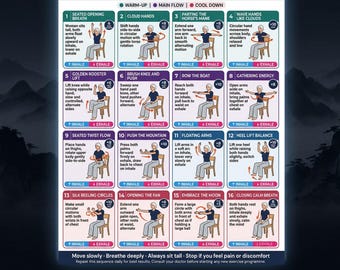 Ejercicios de Tai Chi en silla para mujeres (PDF), Tai Chi sentado imprimible para mujeres, Ejercicios en silla para mujeres, Tabla de salud femenina, Ejercicios para mujeres mayores