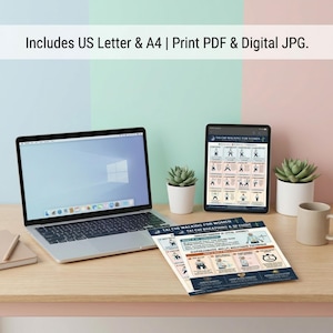 May include: A laptop, tablet, and printed guides on a wooden desk. The guides and tablet display Tai Chi walking instructions. The text "Tai Chi Walking for Women" is visible. A small succulent plant and a mug are also on the desk.