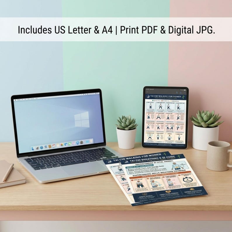 May include: A laptop, tablet, and printed guides on a wooden desk. The guides and tablet display Tai Chi walking instructions. The text "Tai Chi Walking for Women" is visible. A small succulent plant and a mug are also on the desk.