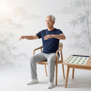May include: An older adult in a navy blue t-shirt and gray sweatpants sits in a wooden chair, practicing Tai Chi. A small wooden table holds a chart with exercise illustrations. The background features a painted landscape with bamboo.