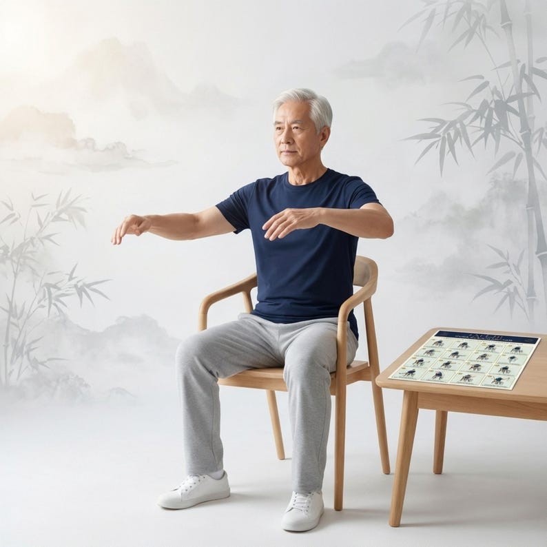 May include: An older adult in a navy blue t-shirt and gray sweatpants sits in a wooden chair, practicing Tai Chi. A small wooden table holds a chart with exercise illustrations. The background features a painted landscape with bamboo.