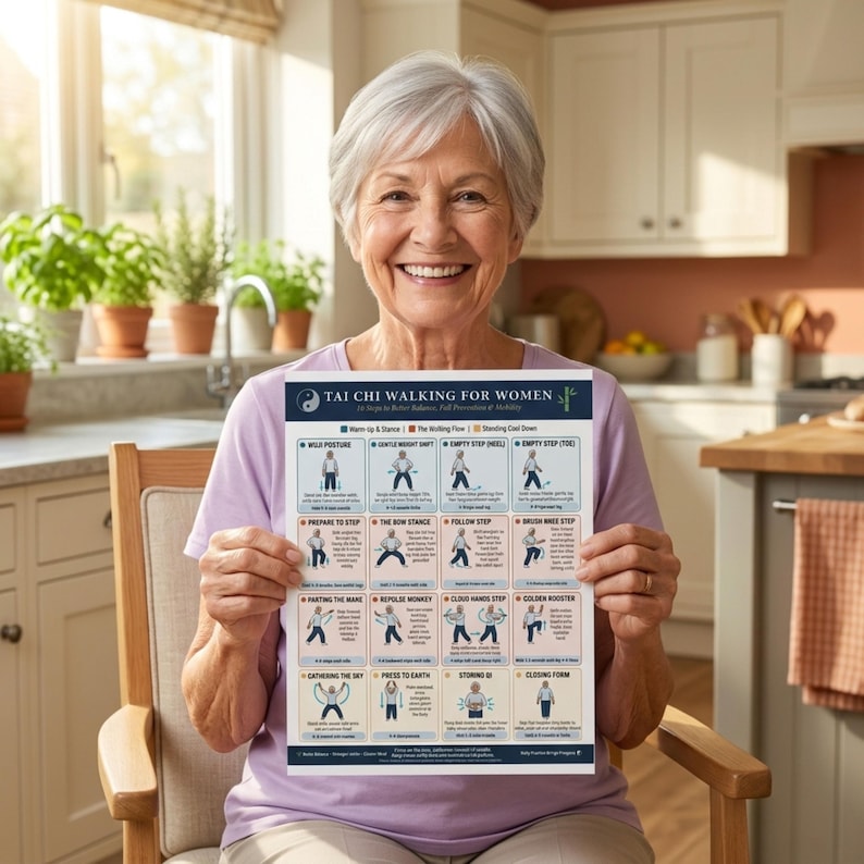 May include: A woman holds a poster titled "TAI CHI WALKING FOR WOMEN." The poster displays illustrated steps for Tai Chi exercises. The woman is smiling, and the background shows a kitchen setting with plants and natural light.