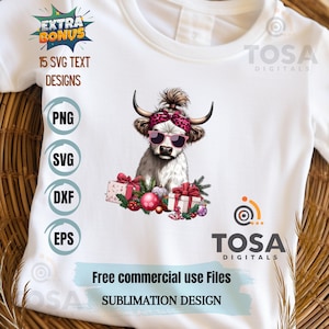 Christmas Highland Cow Png , SVG & DXF Sublimation Design, Cute Highland Cow Png, Christmas Png, Winter Cow, Christmas Gift Digital Download