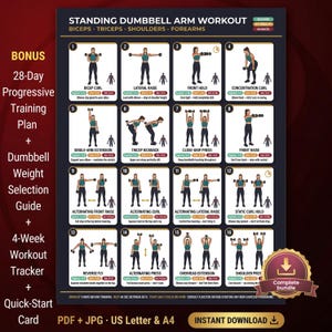 Op de afbeelding: Een fitnessgids met een zwarte achtergrond, met een gedetailleerde dumbbell arm workout routine. De gids bevat illustraties van oefeningen zoals bicep curls en tricep kickbacks, met een bonus 28-daags progressief trainingsplan.