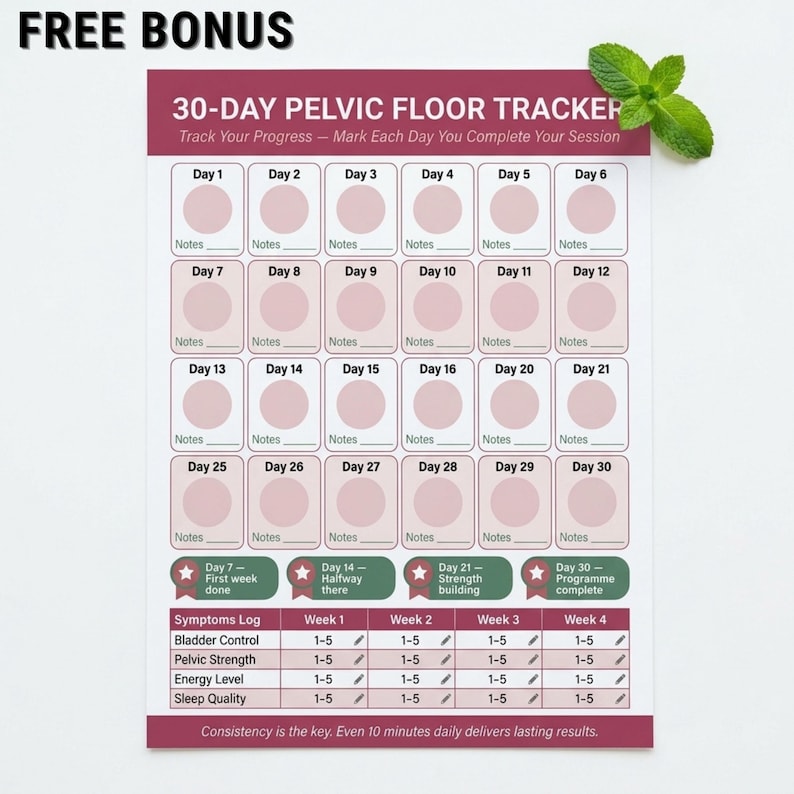 May include: A 30-day pelvic floor tracker with a pink and white design. The tracker includes spaces to mark progress, with sections for symptoms, bladder control, pelvic strength, energy level, and sleep quality. The text "FREE BONUS" is at the top.