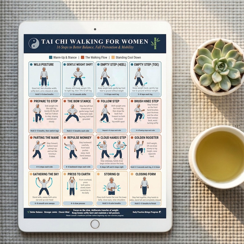May include: A tablet displays a Tai Chi walking guide for women, featuring 16 steps for balance and mobility. The screen shows illustrated instructions, with a succulent plant and a cup of tea in the background.