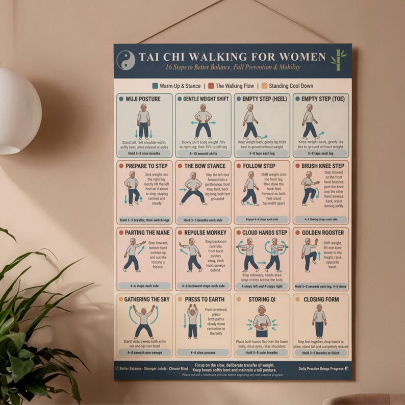 May include: A poster titled "TAI CHI WALKING FOR WOMEN" with 16 steps for balance and mobility. The poster has illustrations of Tai Chi movements, including Wuji Posture, Bow Stance, and Golden Rooster. The color scheme is beige, blue, and red.