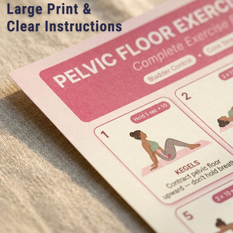 May include: A pink and white exercise guide titled "PELVIC FLOOR EXERCISE" with clear instructions and illustrations. The guide includes exercises for bladder control and core strength, with the text "Large Print & Clear Instructions" at the top.