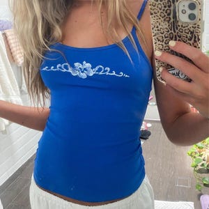 royal blue + white lino printed hibiscus cami