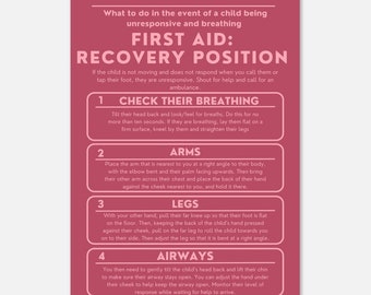 Recovery Position: Child First Aid Print, Safety Poster, Nursery Wall Decor, Parenting Guide, Gift, First Aid Illustration, Baby Shower Gift