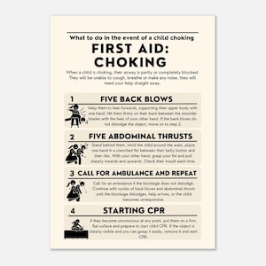 Asfixia: Impresión de primeros auxilios para niños, cartel de seguridad, decoración de la pared de la guardería, guía para padres, regalo para recién nacidos, ilustración de primeros auxilios, regalo de baby shower