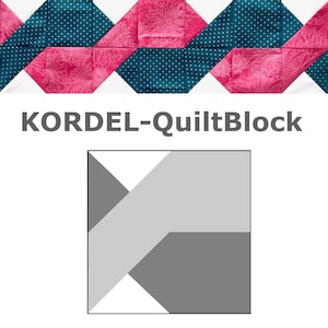 May include: A quilt block design with a geometric pattern in shades of gray and white. The text "KORDEL-QuiltBlock" is displayed above the design. The top of the image shows a section of a quilt with pink and blue fabric.