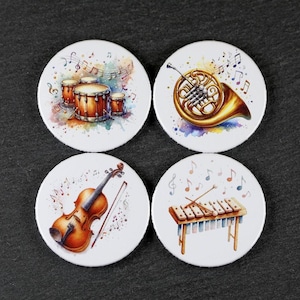 Musikinstrumente (2) als Button, Kühlschrankmagnet, Glasmarkierer, Flaschebabdeckung, Spiegel, Flaschenöffner und Klammer ~ Motivauswahl