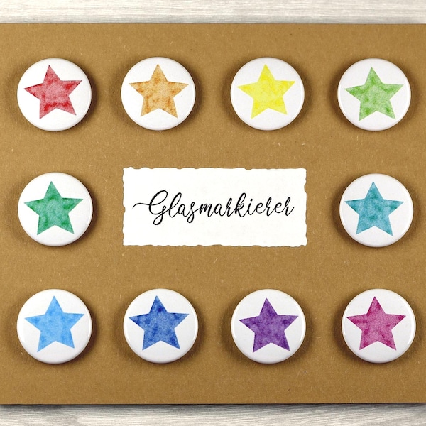Glass markers: 10 suction cup buttons with stars in watercolor design ~ 25 mm