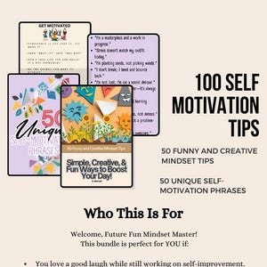 Könnte beinhalten: Ein digitales Produktpaket mit 100 Tipps zur Selbstmotivation, darunter 50 lustige und kreative Mindset-Tipps und 50 einzigartige Selbstmotivationsphrasen. Das Paket soll Menschen helfen, sich von der Prokrastination zu befreien, Kreativität zu entfachen und ihre Stimmung jeden Morgen zu verbessern.