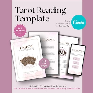May include: A minimalist tarot reading template with a pink and white design. The image shows a booklet, pages, and a phone displaying the template. Text includes "Tarot Reading Template", "A4 & US Letter sizes", and "13 pages".