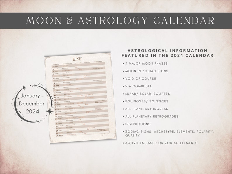2024 Astrology Calendar, Vintage Design, Moon Phases,