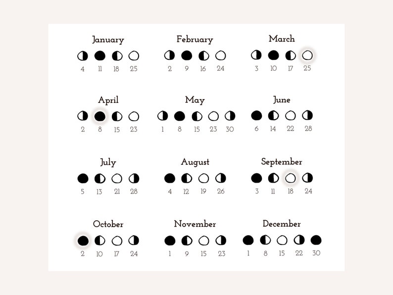 Moon Phases Calendar 2024 Minimalist Lunar Calendar Design Etsy
