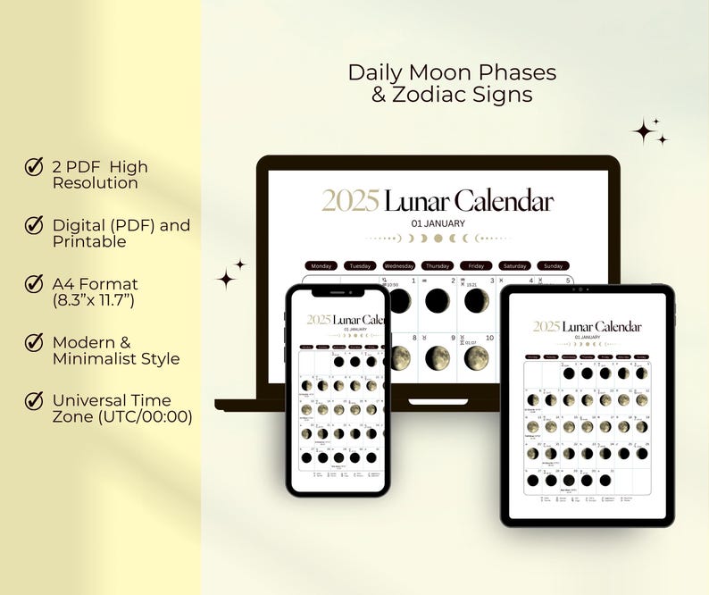 2025 Lunar Calendar – Daily Moon Phases - Zodiac Signs | Modern ...