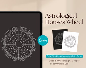 Astrological Houses Wheel | Areas of Life | Symbols & House Numbers | Astrology Zodiac Signs | Planets | Canva Template | Commercial Use