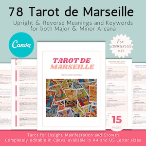 Tarot de Marseille Keywords and Meanings | Major & Minor Arcana | Tarot Cheat Sheet | Fully Editable Tarot Template in Canva |Commercial Use