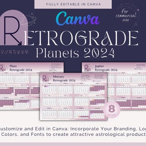2024 Retrograde Planets Calendar & Tracker  Editable in Canva Printable | Mercury Retrograde | Astrology Canva Template | Commercial Use