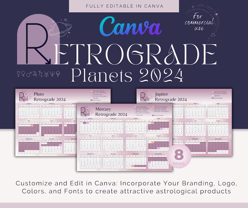 2024 Retrograde Calendar & Tracker Editable in Canva Printable