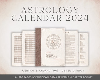 2024 Astrology Calendar, Vintage Design,  Moon Phases, Planetary Ingresses, Retrogrades, Zodiac, Astrology Planner - PDF Printable