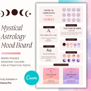 Tablero de estado de ánimo de astrología mística / Canva editable / Plantilla de fase lunar / Publicación en redes sociales / Portada destacada de astrología / Instagram degradado