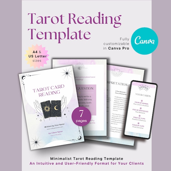 Tarot Card Reading Template | Editable Canva Template | Tarot Business | A4 & US Letter | PDF for Tarot Delivery | Customize - Easy to Use