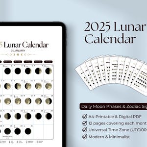 2025 Lunar Calendar – Daily Moon Phases - Zodiac Signs | Modern - Minimalist | Celestial Vibe | UTC Times | PDF Printable | Spiritual Gift
