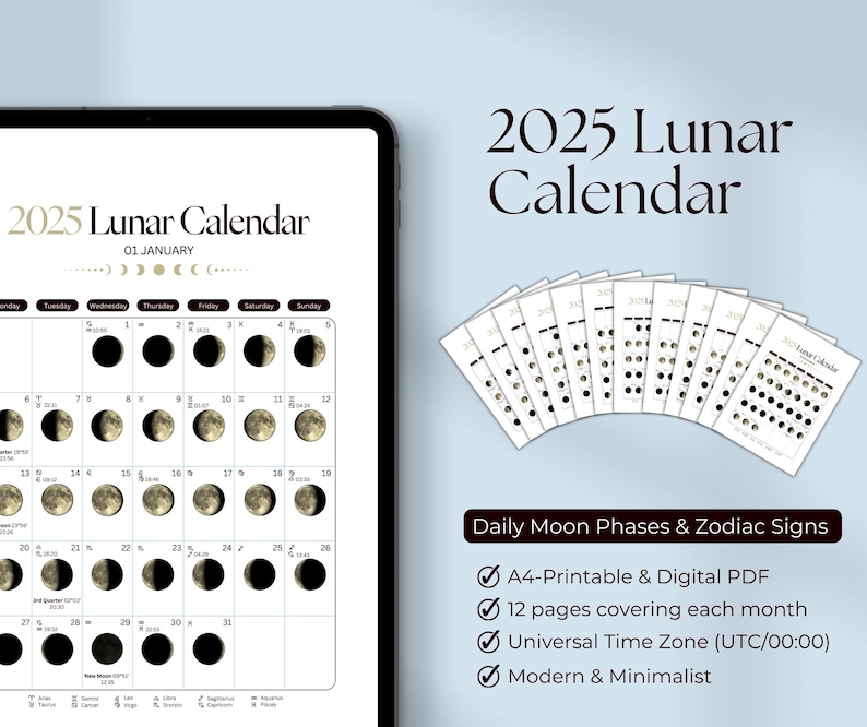 2025 Lunar Calendar – Daily Moon Phases - Zodiac Signs | Modern ...