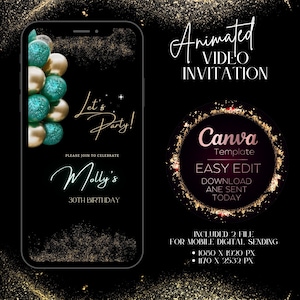 Animated Emerald Green & Gold Birthday Video Invitation (Digital Download)