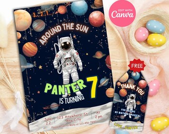 May include: A colorful invitation for a 7th birthday party with a space theme. The invitation features an astronaut in a spacesuit, planets, and stars. The text on the invitation reads "Around the Sun, Panter 7 is turning".
