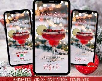 May include: Animated video invitation template for a Friendsmas party. The template features a festive red cocktail with cranberries and lime, a snowy background, and the text "Friendsmas Party" in pink and white. The template is self-editable using Canva.