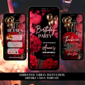 Puede incluir: Plantilla de invitación de video animada para una fiesta de cumpleaños número 30. La plantilla presenta un fondo negro con rosas rojas, globos dorados y el texto "Birthday Party" y "Anna's 30th Birthday".