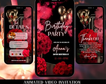 May include: Animated video invitation template for a 30th birthday party. The template features a black background with red roses, gold balloons, and the text "Birthday Party" and "Anna's 30th Birthday".