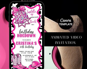 Invitación editable de cumpleaños de vaquera rosa: Video de fiesta vaquera (digital)