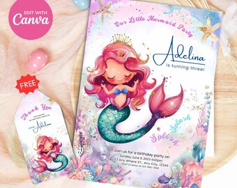 May include: A printable invitation for a little mermaid themed birthday party. The invitation features a cartoon mermaid with pink hair and a green tail, surrounded by colorful coral and bubbles. The text on the invitation reads "Our Little Mermaid Party Adelina is turning three!" and includes details about the party date, time, and location.