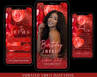 Red Glitter Birthday Dinner Invitation: Editable Video Evite (Digital)